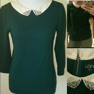 Embellished Peter Pan Collar Green Sweater